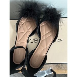 BCBGeneration Black Pointed Toe Feather Pom Ankle Strap Flats Womens 7